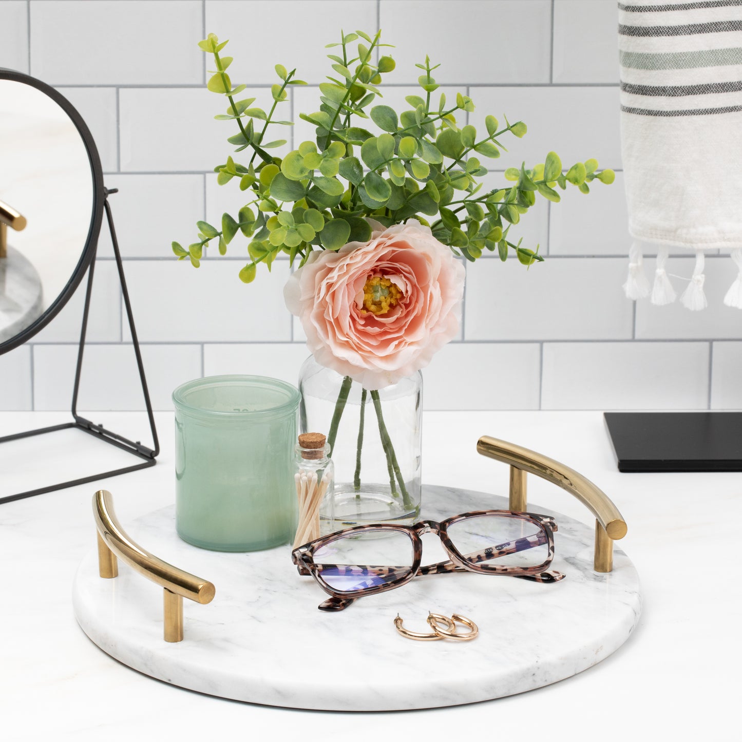 Decorative Marble Tray with Handles Hexagon Gold Designer Modern