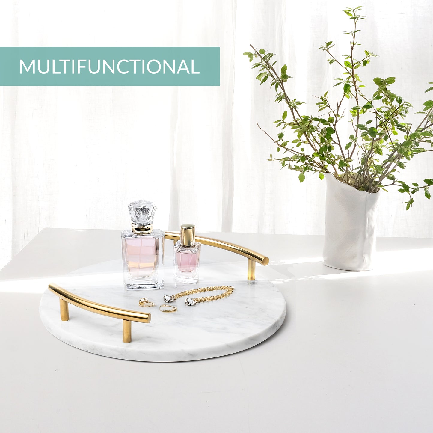 White Marble Tray with Gold Handles - Decorative Round Marble Vanity Tray