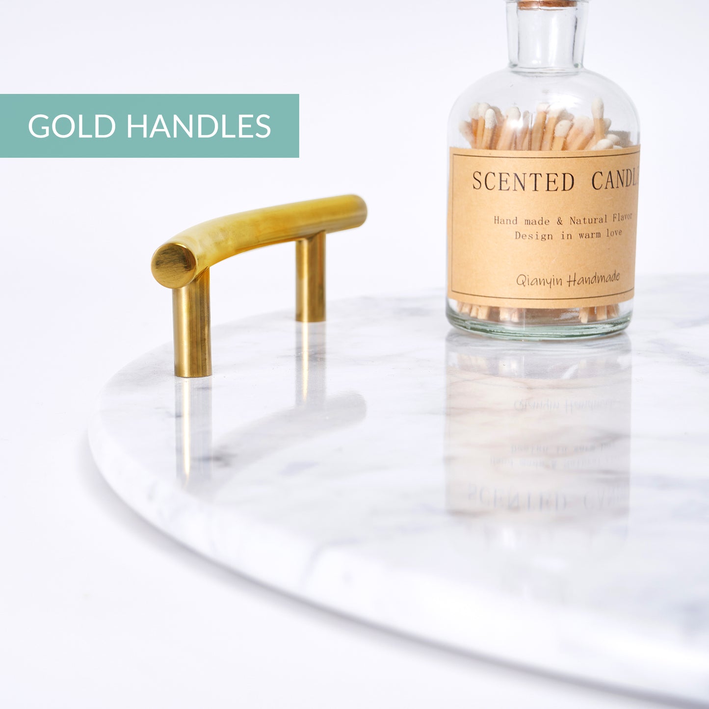 White Marble Tray with Gold Handles - Decorative Round Marble Vanity Tray