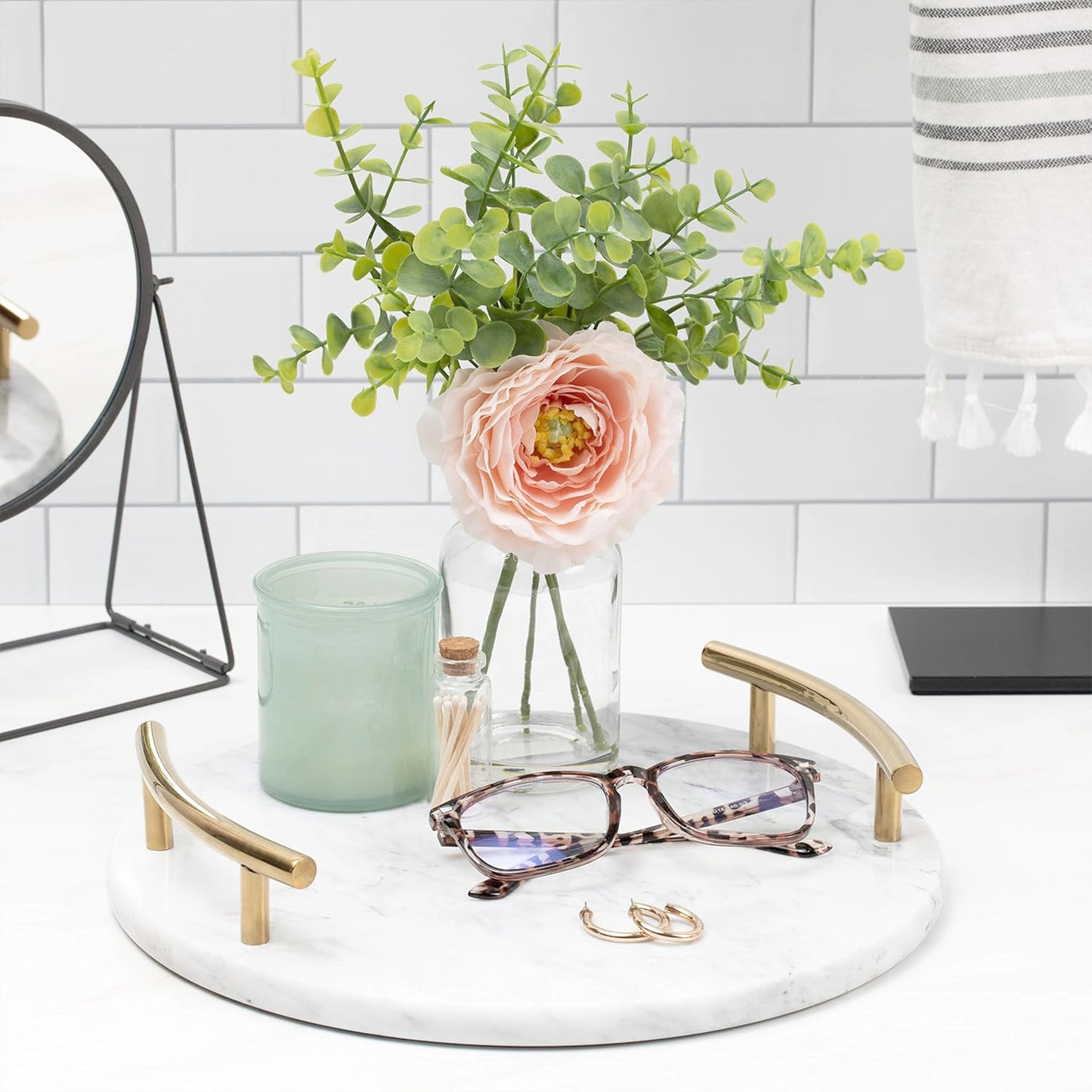White Marble Tray with Gold Handles - Decorative Round Marble Vanity Tray